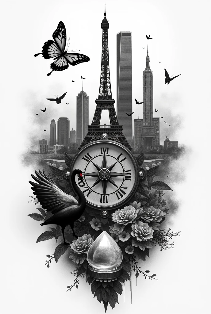 Ultra realistic tattoo, in black and white with a compass. Inside this one, la tour 101 de Taipei, the eiffel tower in paris, en fond un black swan, un papillon en noir et blanc et un rubis transparent sans couleur
