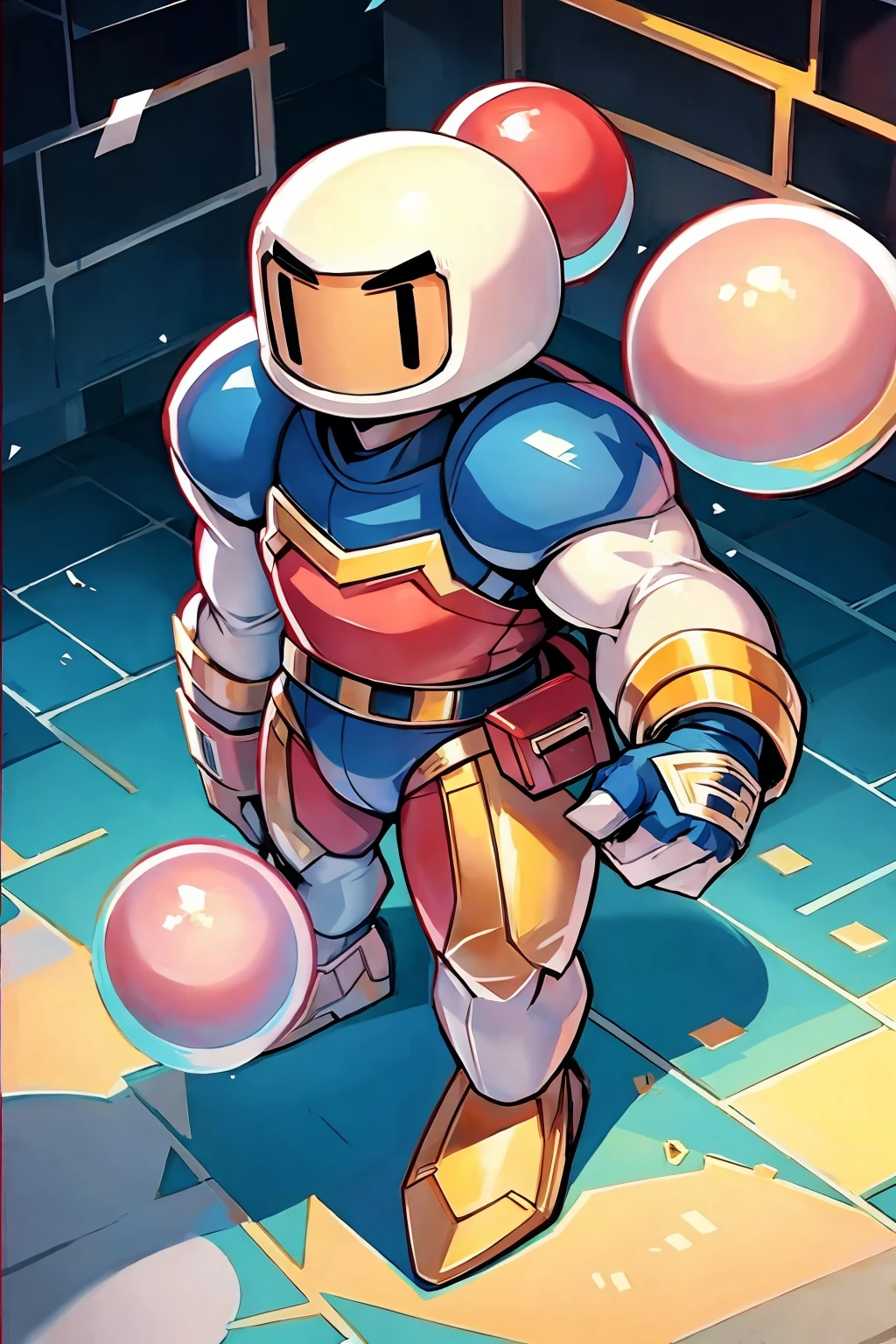 Muscular,Bomberman,White head、Pink ball hand