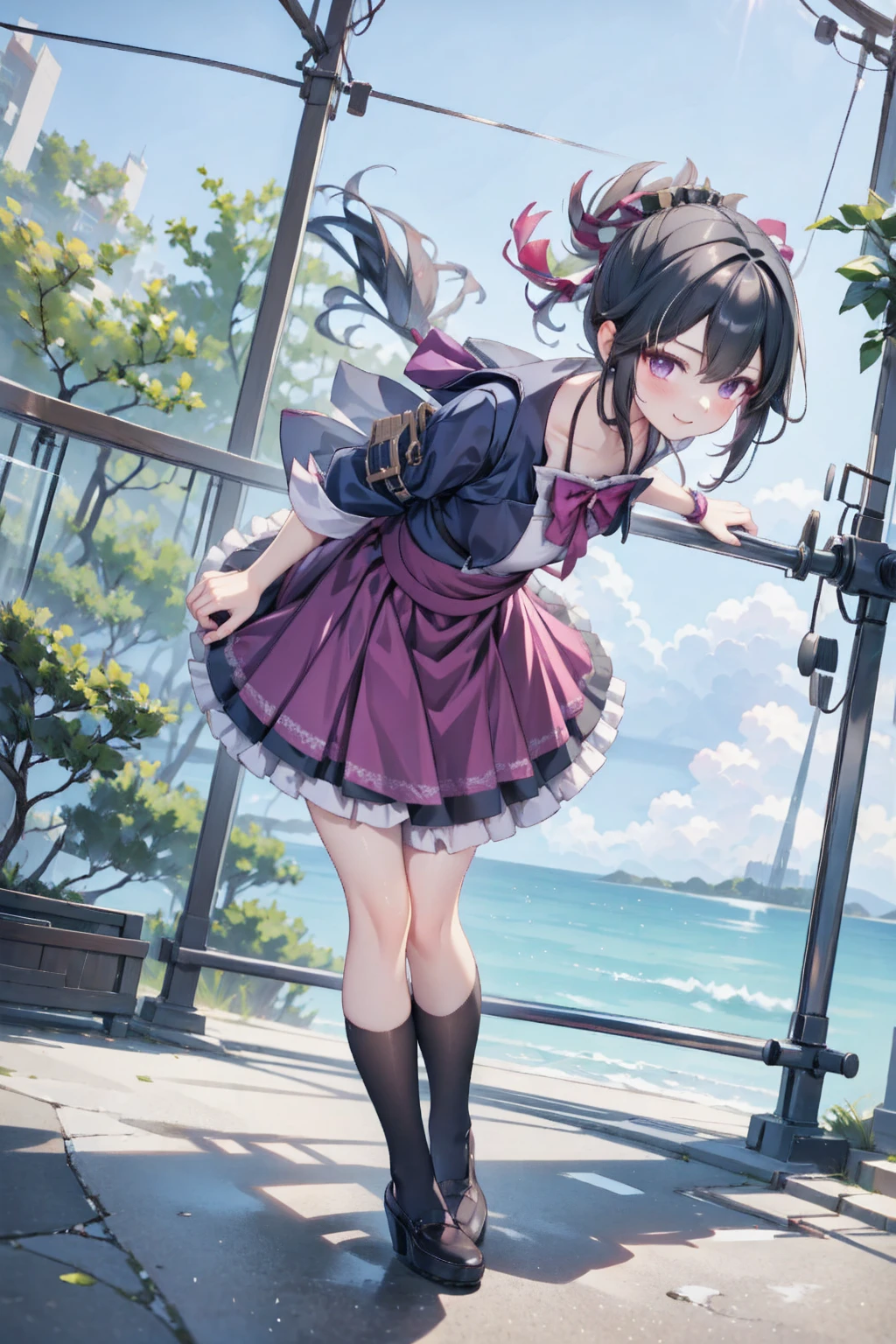 low-angle shot, smile, look at viewer, long skirt, holding down her skirt as it is being blown by a strong wind, high quality, masterpiece, ultra-fine illustrations, detailed background, realistic lighting, dynamic pose