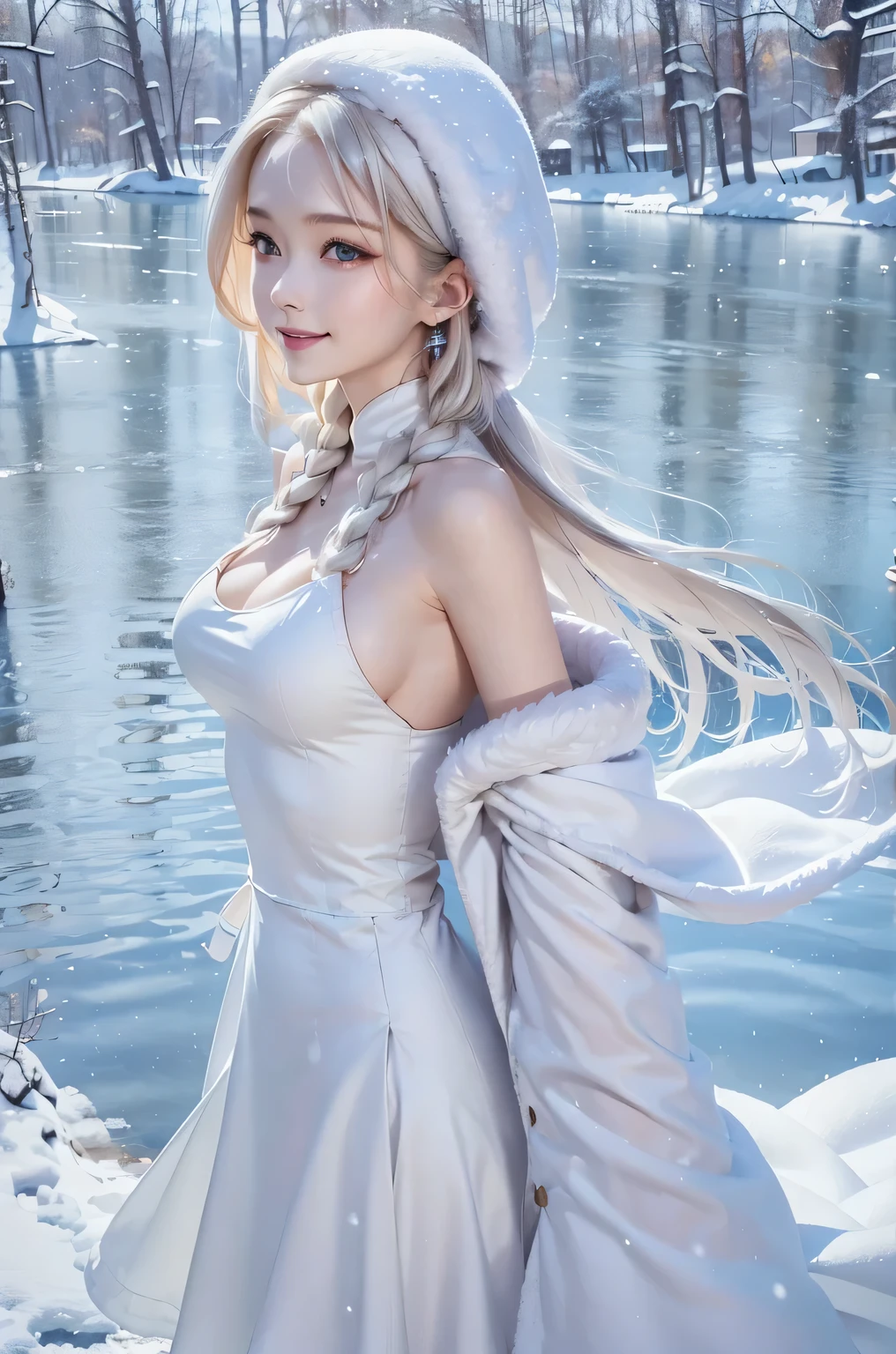 (the upper body:1.5).masterpiece、Highest quality、1 girl, winter, platinum blonde hair, Cute girl, smile, close mouse, medium breasts, sideboob:1.4, white dress, winter clothes, long skirt, Fur coat、Small waist、Thin legs、outdoors, front of the lake, snow falling, Prayer Pose, join hands, from side:1.5, side view, 