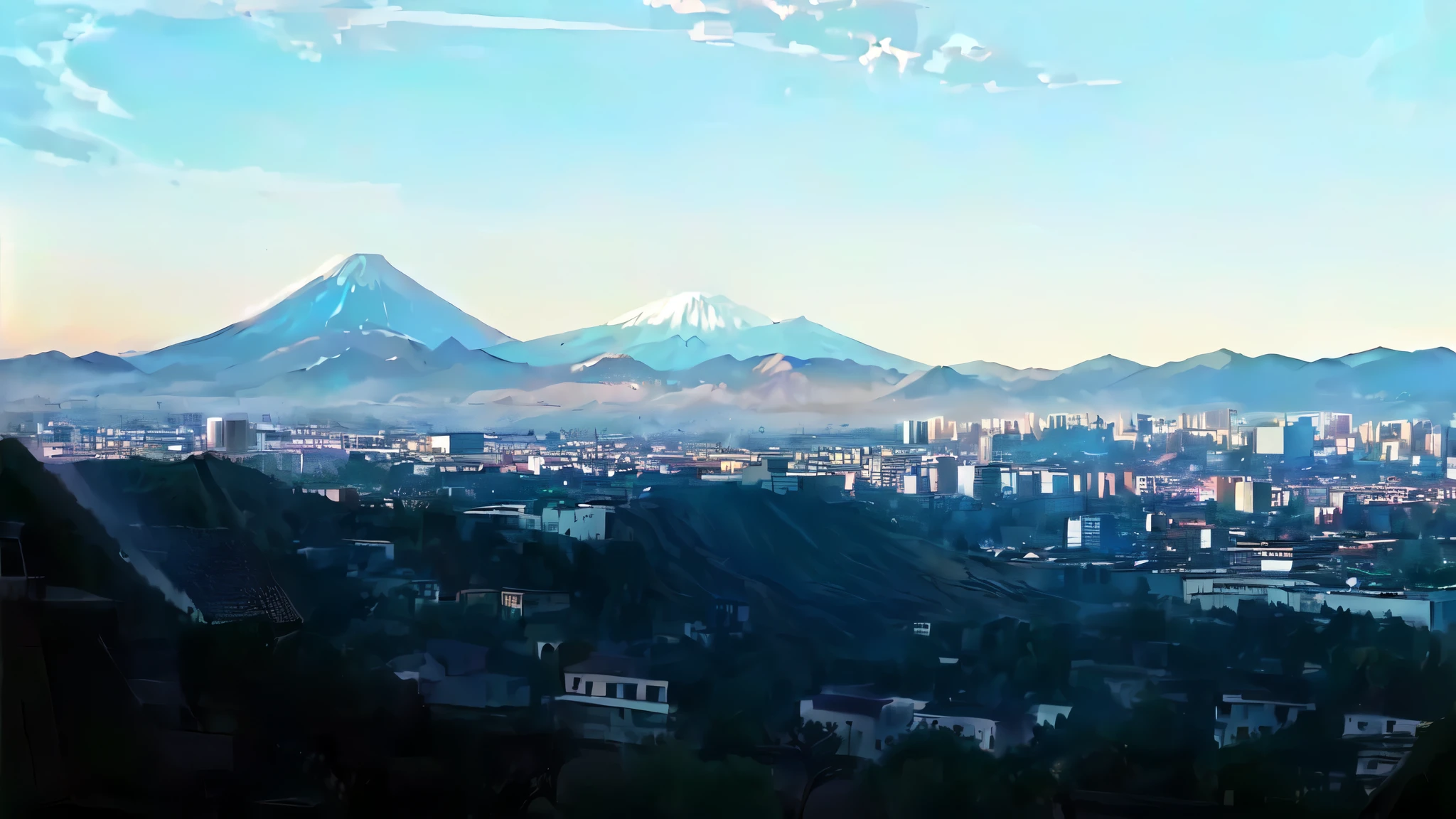 a view of a city with a mountain in the background, volcanoes in the background, dos Mountains in the background, volcano in the background, surrounding the city, from the distance, andes, tlaquepaque, mountains in the distance, Mountains in the background, with mountains in the distance, mountains in the distance, Volcano in the background, by Alejandro Obregón touch art anime, Anime Art, detailed anime, anime owed