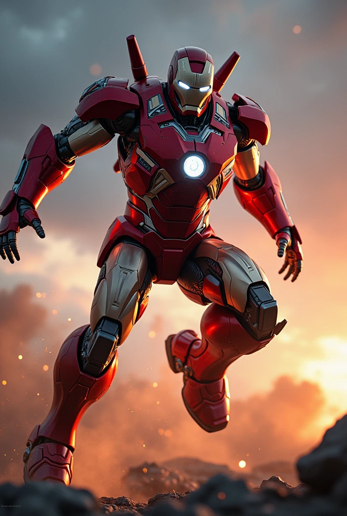 Red white armor. Mediva concept. Iron man Samurai Optimus Prime, robot warrior, leaping against dark cloudy sky, intense battle background, dynamic explosion effects, cinematic lighting, highly detailed, 8K, (best quality,4k,8k,highres,masterpiece:1.2),ultra-detailed,(realistic,photorealistic,photo-realistic:1.37),epic action scene,dramatic pose,intricate mechanical design,glowing energy,sparks,dust,devastation,cinematic angle,dramatic lighting