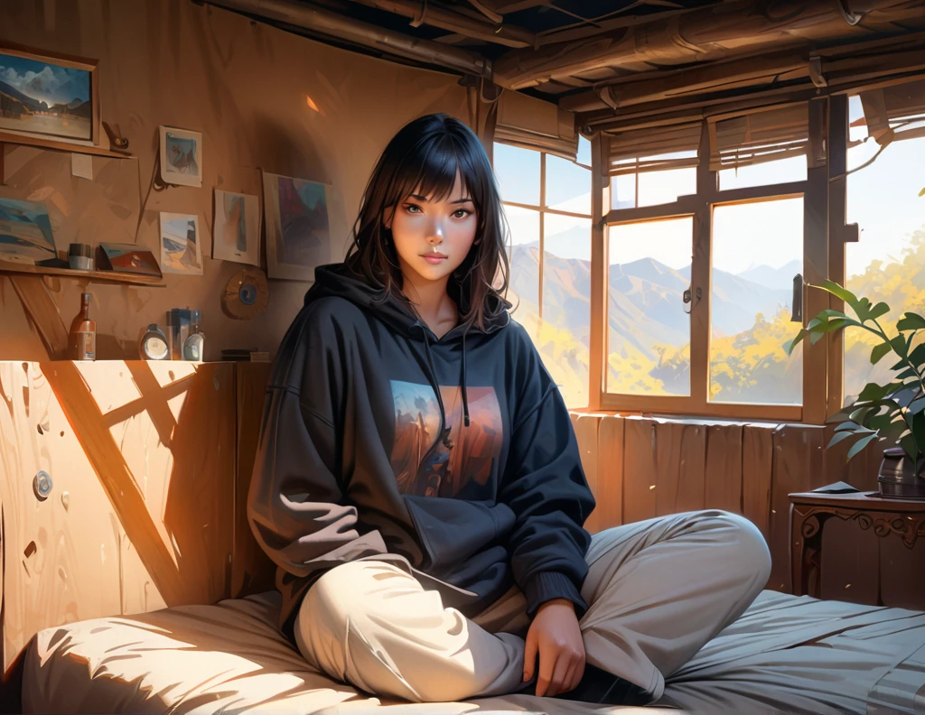 beautiful detailed girl, black hair, green eyes, black eyes, white pants, black hoodie, sitting on bed, detailed room background, (best quality,4k,8k,highres,masterpiece:1.2),ultra-detailed,(realistic,photorealistic,photo-realistic:1.37),detailed facial features, highly detailed face, extremely detailed, realistic, photorealistic, ultra-detailed, digital painting, concept art, intricate details, cinematic lighting, dramatic shadows, vibrant colors, warm color palette, soft focus, atmospheric, environmental portrait
