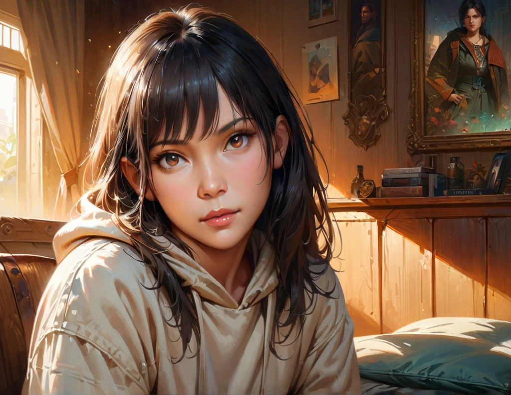 beautiful detailed girl, black hair, green eyes, black eyes, white pants, black hoodie, sitting on bed, detailed room background, (best quality,4k,8k,highres,masterpiece:1.2),ultra-detailed,(realistic,photorealistic,photo-realistic:1.37),detailed facial features, highly detailed face, extremely detailed, realistic, photorealistic, ultra-detailed, digital painting, concept art, intricate details, cinematic lighting, dramatic shadows, vibrant colors, warm color palette, soft focus, atmospheric, environmental portrait
