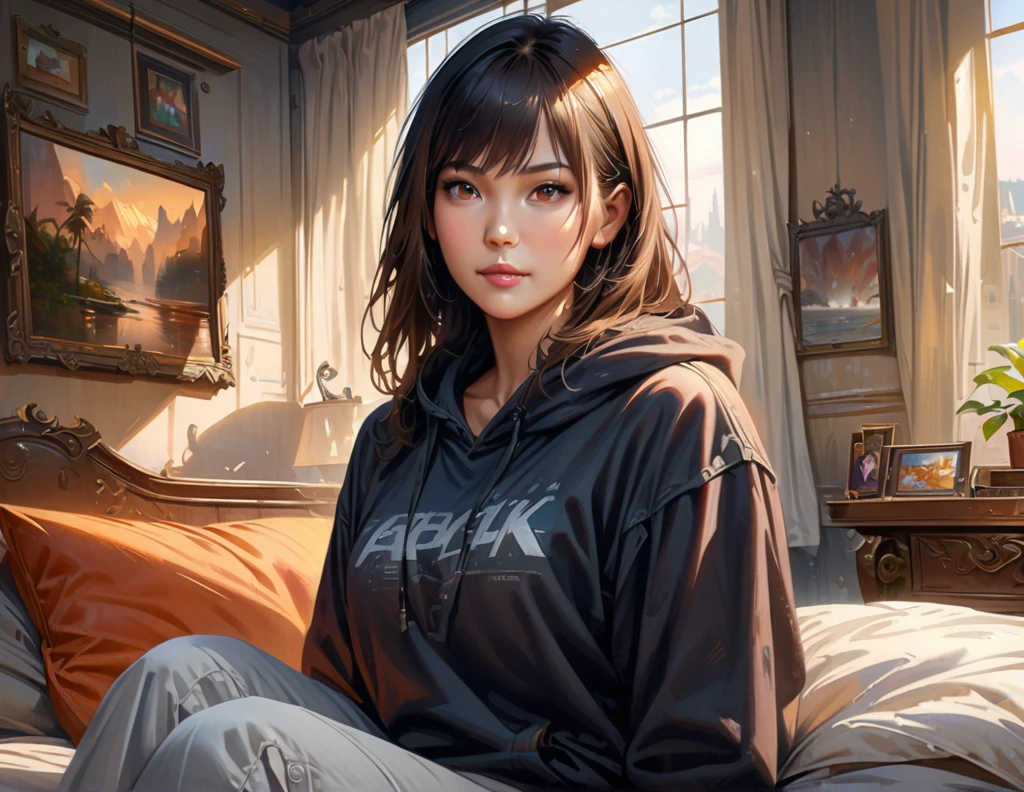 beautiful detailed girl, black hair, green eyes, black eyes, white pants, black hoodie, sitting on bed, detailed room background, (best quality,4k,8k,highres,masterpiece:1.2),ultra-detailed,(realistic,photorealistic,photo-realistic:1.37),detailed facial features, highly detailed face, extremely detailed, realistic, photorealistic, ultra-detailed, digital painting, concept art, intricate details, cinematic lighting, dramatic shadows, vibrant colors, warm color palette, soft focus, atmospheric, environmental portrait