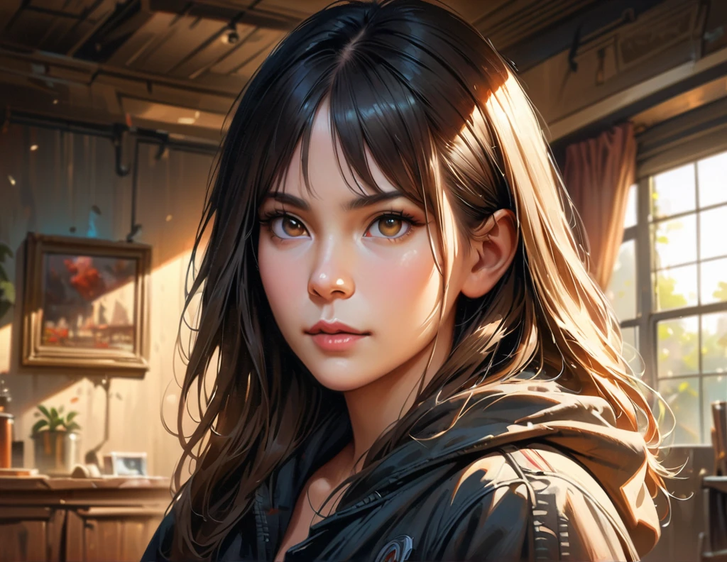 beautiful detailed girl, black hair, green eyes, black eyes, white pants, black hoodie, sitting on bed, detailed room background, (best quality,4k,8k,highres,masterpiece:1.2),ultra-detailed,(realistic,photorealistic,photo-realistic:1.37),detailed facial features, highly detailed face, extremely detailed, realistic, photorealistic, ultra-detailed, digital painting, concept art, intricate details, cinematic lighting, dramatic shadows, vibrant colors, warm color palette, soft focus, atmospheric, environmental portrait