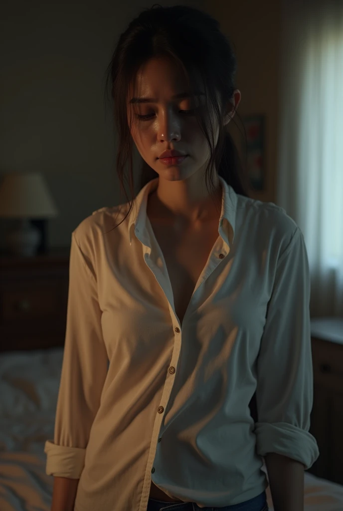 A thai mother women, -ultra realistic, thin shirt,bedroom - sit, crying, perfect body , standing, 45years old, soft post, chubby