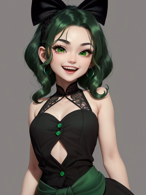 (Masterpiece: 1.1 points), (First Class: 1.1 points), (Perfect Face: 1.1 points), (Attention to Detail: 1.1 points), Unique, (Healthy Skin), Cartoon, Deformed, Full Body, Small Baku, White Skin, (Dark Green Shiny Hair), (Bright Green Tips: 1. 1 points), (Large Side black ribbon), green eyes, white upper body, green buttons on black string, upper body under black tank, (smiling with wide open mouth in cartoon style), teeth not visible, looking at camera, close-up of front face, background, plain,