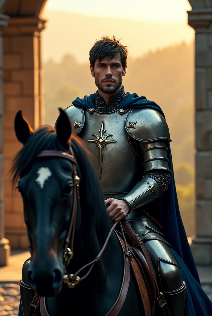 "A hyper-realistic scene of a strikingly handsome prince riding a powerful black horse, both captured in vivid detail as they emerge from a grand castle, ready for an adventure. The prince has short, tousled dark hair that catches the light, revealing every strand, and piercing grey eyes that reflect a lifelike intensity and determination. His facial features are chiseled and defined, with a light stubble adding to his rugged charm. He wears a finely crafted suit of armor, so detailed that each piece of metal gleams with a polished shine, showing subtle wear from past battles. The intricate designs etched into the armor are visible in sharp clarity. Over the armor, a deep blue cloak, textured with realistic fabric folds, billows slightly in the wind, its weight and movement almost tangible.The black horse is depicted with extraordinary realism, every muscle defined beneath its sleek, shiny coat. The texture of its mane flows naturally, and its eyes, sharp and alert, reflect a readiness for the journey ahead. The prince grips the reins, the leather appearing worn and supple, his posture exuding confidence as they stride forward into the dawn. The first rays of sunlight create a golden halo around them, highlighting the rich textures of their clothing and the natural landscape. Behind them, the castle is rendered with stunning architectural detail, every stone and window precise. In the distance, rolling hills and dense forests are depicted with such realism that they seem almost within reach, hinting at the adventure that awaits."