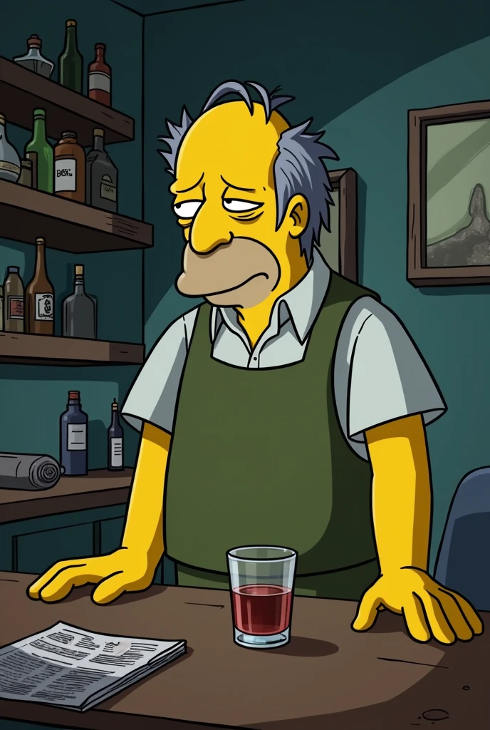 Create an image of Moe Szyslak and seemingly depressed in the animation even