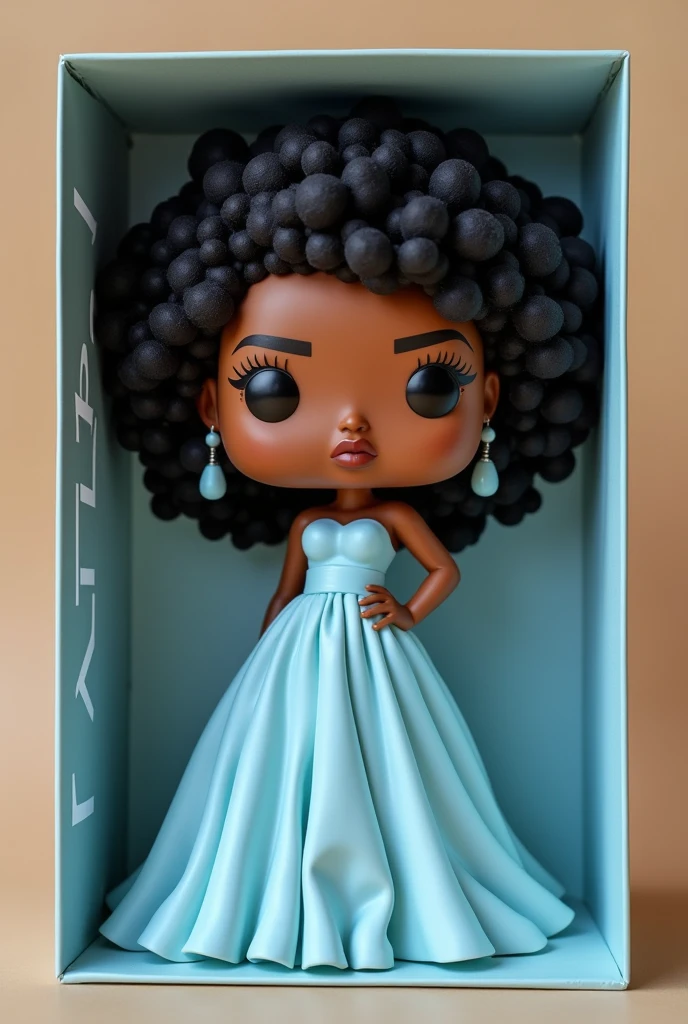 Create a funko pop with these features:warm skin ,big black wavy hair,in a light blue runway dress with the funko box saying Kat Liz,very detailed with afropathy makeup


