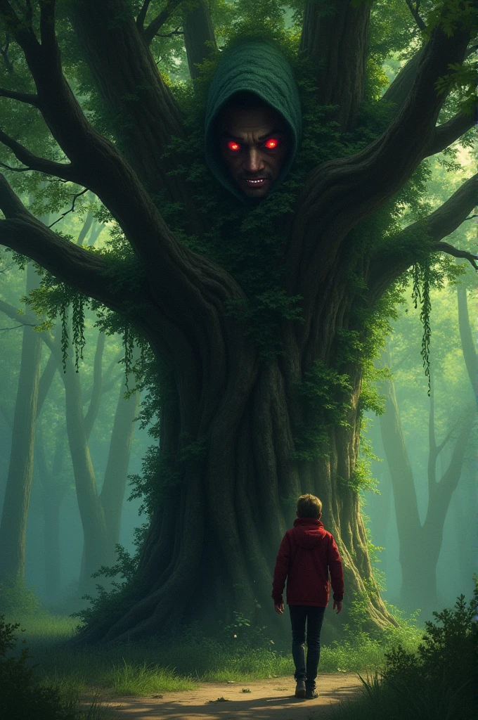 A man standing in a tree , scaring a person passing by 