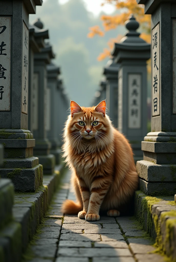 A brown tabby long-haired cat visiting a Japanese grave