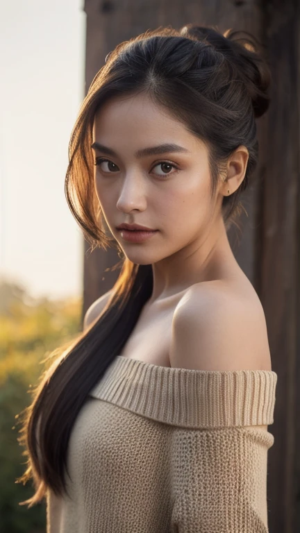 ((best quality)), ((masterpiece)), (detailed), 1girl, off-shoulder sweater, she is wearing hot dress, she has long hair pulled back into ponytail, soft natural lighting, sunny day, natural colors, backlit, hot girl