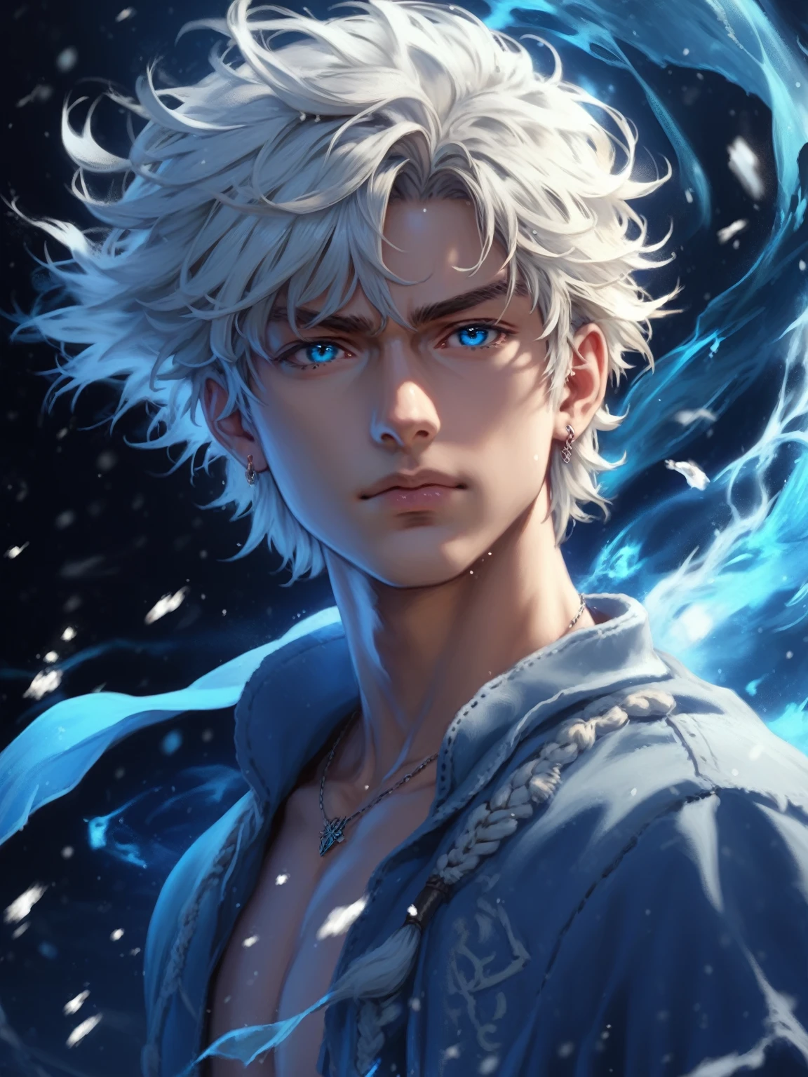 absurdities, High resolution, ultra detailed, HdR, masterpiece, realism, realist, 30 year old adult man, rasgos muy masculines, serious, Extremely detailed face and eyes, semi long straight hair, blond hair, bushy eyebrows, fringe, angry eyebrows, expressive blue eyes, rasgos masculines, detailed eyes, LOOKING AT THE SPECTATOR, 1 man, viking style clothing, masculine, blue clothes con abrigo de piel blanco, snowy background, White skin, viking necklace, blue clothes, white earrings, Wizard's Medallion, tidy hair, Complete plan, beefy chest, realism magico, masculine, men's clothing, vibrant colors, Fotorrealist, 8k, Best Quality, High resolution, cinematic lighting, intricate details, snow background.