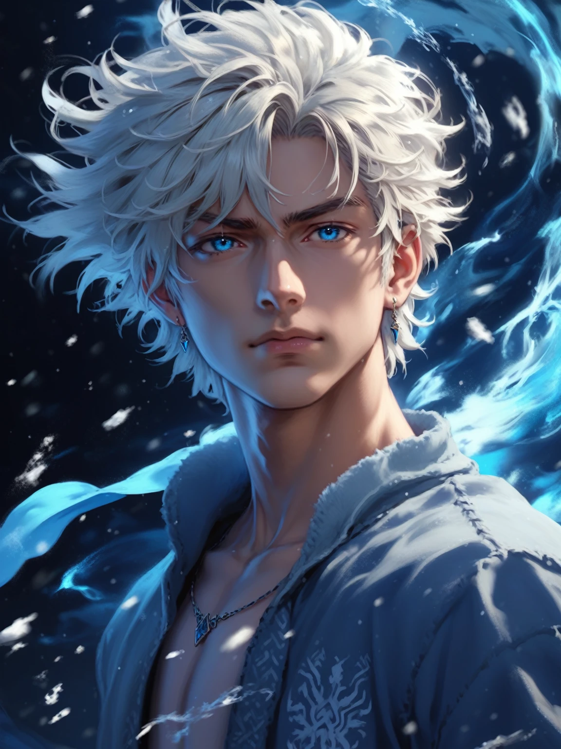 absurdities, High resolution, ultra detailed, HdR, masterpiece, realism, realist, 30 year old adult man, rasgos muy masculines, serious, Extremely detailed face and eyes, semi long straight hair, blond hair, bushy eyebrows, fringe, angry eyebrows, expressive blue eyes, rasgos masculines, detailed eyes, LOOKING AT THE SPECTATOR, 1 man, viking style clothing, masculine, blue clothes con abrigo de piel blanco, snowy background, White skin, viking necklace, blue clothes, white earrings, Wizard's Medallion, tidy hair, Complete plan, beefy chest, realism magico, masculine, men's clothing, vibrant colors, Fotorrealist, 8k, Best Quality, High resolution, cinematic lighting, intricate details, snow background.