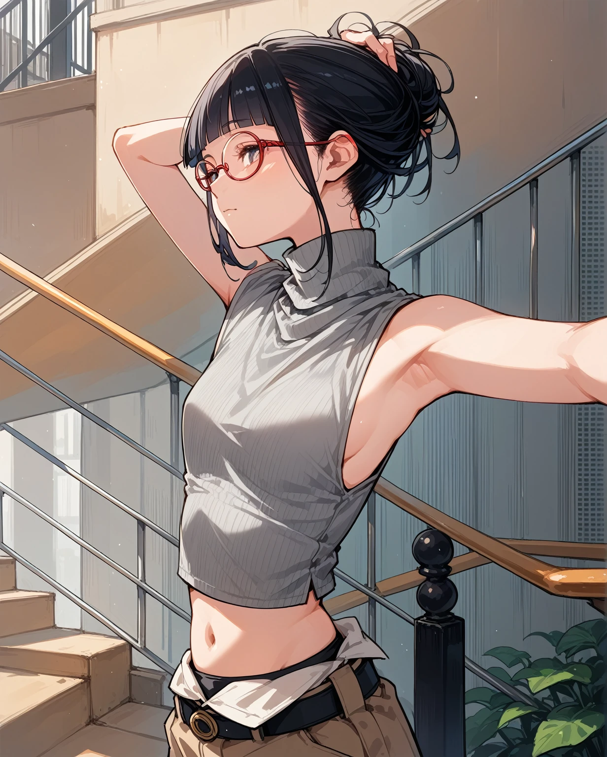 Flat Chest,Focus on your audience,Extremely thin body,Anime Style,Slender figure,delicate,Glasses,Asian woman in grey top and black pants posing on stairs, Sleeveless turtleneck, 脇が大きく開いているSleeveless turtleneck,rib cage,Sideboob,The shoulders are wide open,セクシーなWearing a crop top, Photo of slim girl model, Chiho, T-Top, shikamimi, Wearing a crop top, Real life anime girls, Kurohime cut hair, Shashi, 2 4-year-old female model