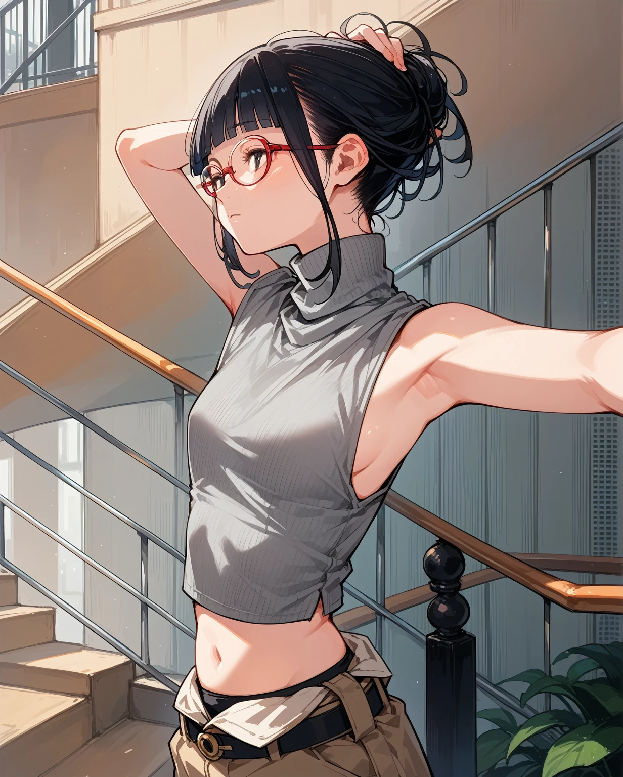 Flat Chest,Focus on your audience,Extremely thin body,Anime Style,Slender figure,delicate,Glasses,Asian woman in grey top and black pants posing on stairs, Sleeveless turtleneck, 脇が大きく開いているSleeveless turtleneck,rib cage,Sideboob,The shoulders are wide open,セクシーなWearing a crop top, Photo of slim girl model, Chiho, T-Top, shikamimi, Wearing a crop top, Real life anime girls, Kurohime cut hair, Shashi, 2 4-year-old female model