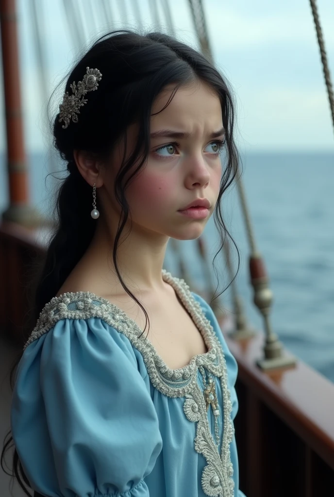 fifteen yearl old medieval noble girl with black hair and pale grey eyes wearing a regal baby blue dress with white embroidery, on a ship looking to the horizon with a sad expression