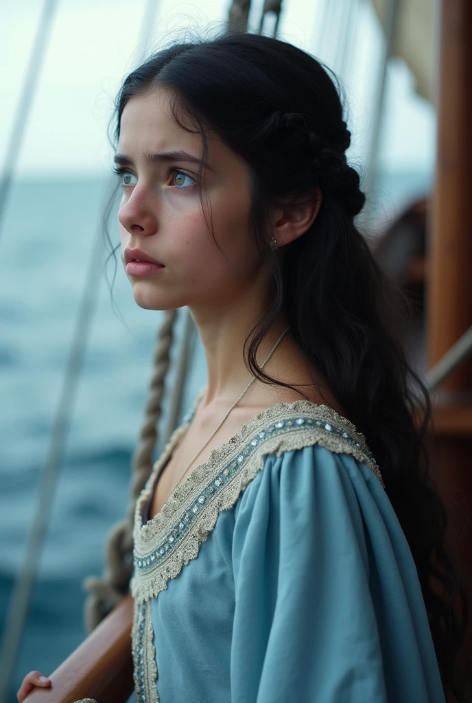 fifteen yearl old medieval noble girl with black hair and pale grey eyes wearing a regal baby blue dress with white embroidery, on a ship looking to the horizon with a sad expression