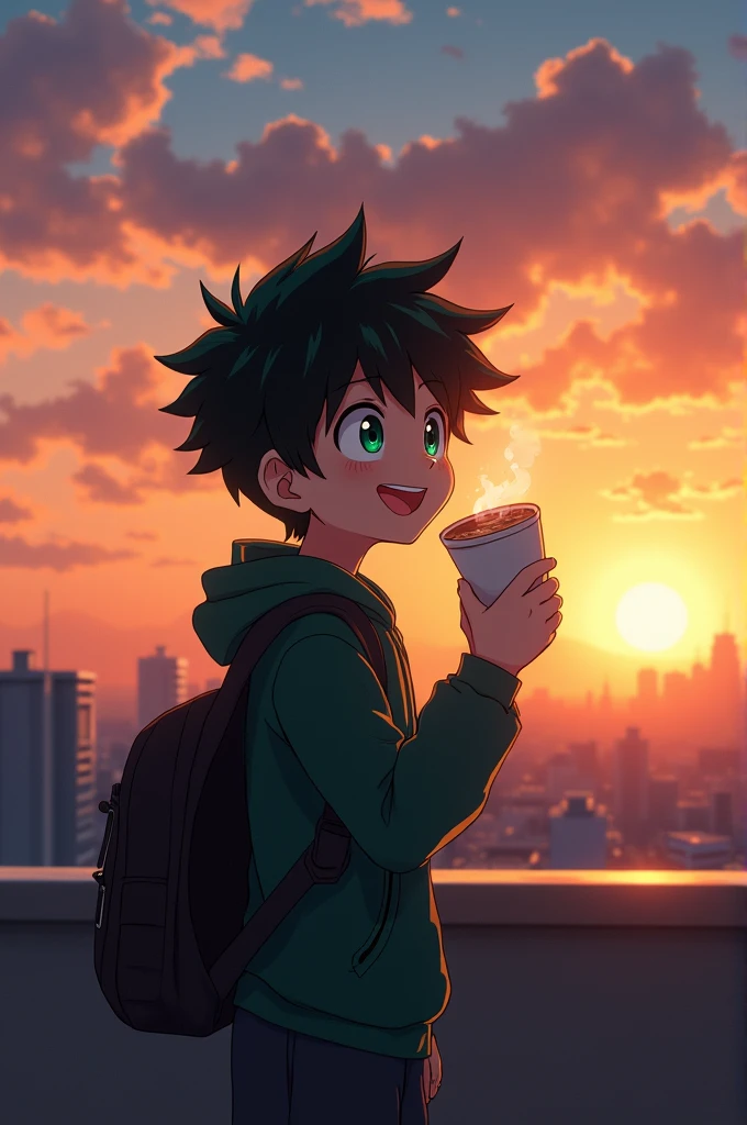 A 13-year-old My Hero Academy-style anime boy, jet black hair, emerald green eyes, Smiling while standing on a roof looking at the sunset while drinking a hot chocolate smiling happily 