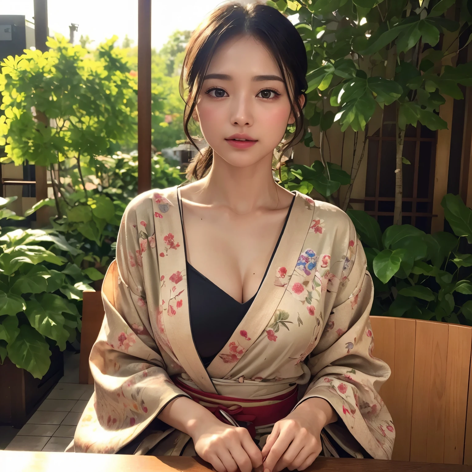 (Photorealistic:1.4), (Top image quality:1.0), (超High resolution:1.0), 8k, Raw photography, (masterpiece:0.2), (Pure Eros Face_v1:0.5)、(最高quality Detail:1.2)、Realisticな、8k ウルトラHD、High resolution、(One Girl:1.2)、超detailedな、High quality textures、Intricate details、detailed、非常にdetailedなCG、High quality shadows、detailed 美しく繊細な顔、detailed 美しく繊細な目、Depth of written boundary、Ray Tracing,One Girl, Japanese girl, cute, thin, Japanese patterned kimono,Floral scrunchie, Beautiful Skin, Look forward,please sit down, Sit up straight「thank you」says,Put your hands together gracefully,The land of Japan smiling faintly,Japanese garden,Luxurious Japanese-style room, Sky Porn, Magic Hour, (Realistic:1.3), 細かくdetailedに, quality, (Tabletop:1.2), (Realistic:1.2), (最高quality), (複雑なdetailed), dramatic, Ray Tracing, photograph, +roller