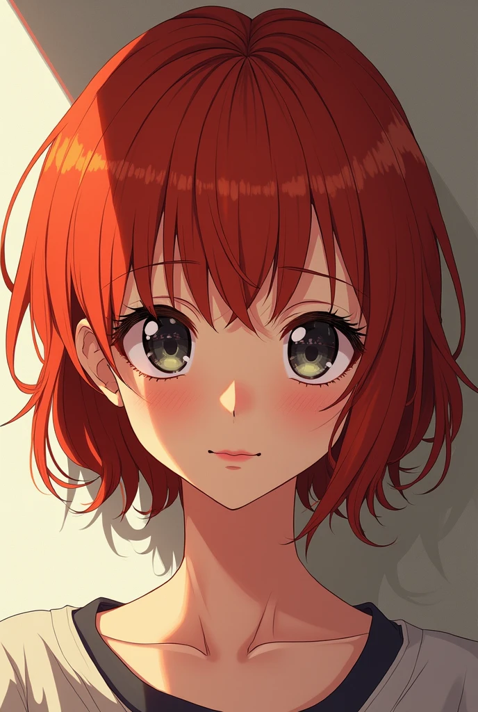 A redhead with short hair and bangs with black eyes and freckles ,anime styling