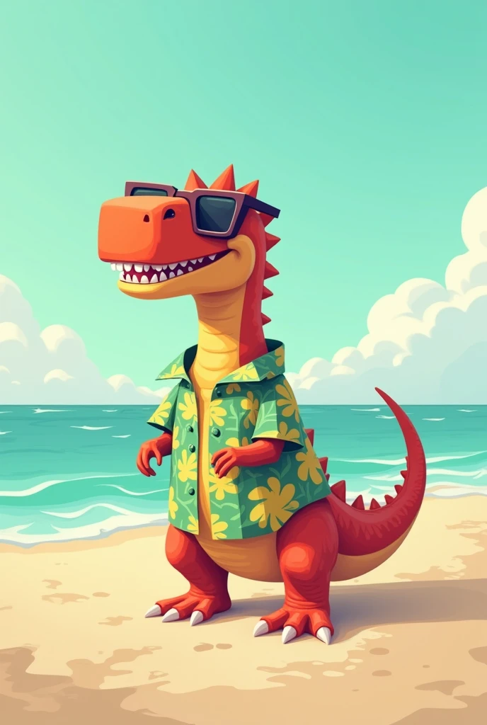 Pixelated dinosaur with Hawaiian shirt on the beach and minimalist glasses