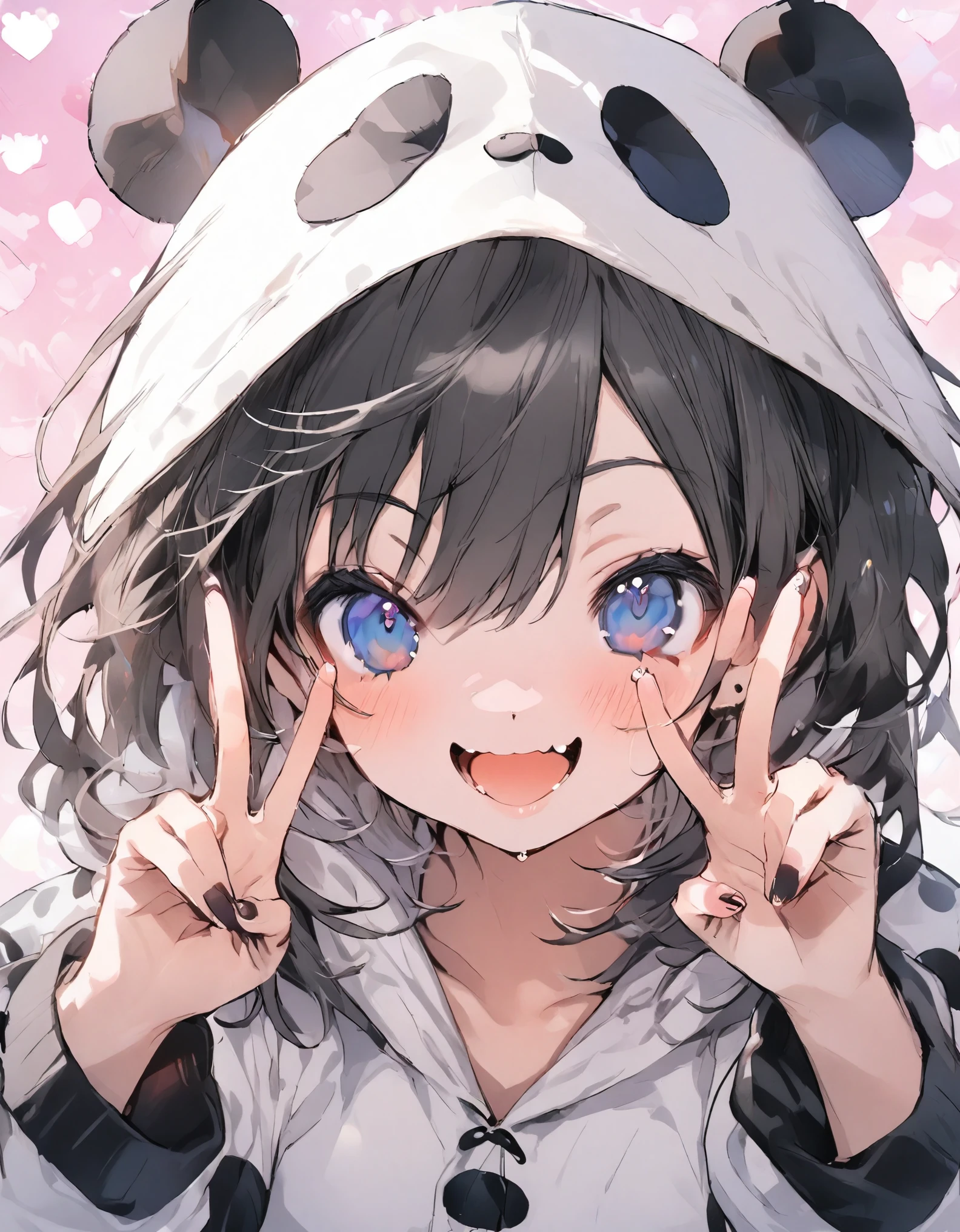 masterpiece、20 year old girl、Black Hair、short Hair、smile、(((panda pajamas, panda face hood)))、Upper body, ((make a V sign with your fingers)), heart background