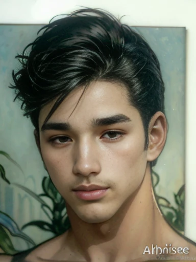 hyperrealistic digital brush painting art by (alphonse mucha:1.3), boy mix face between Iko uwais and jaden Smith as a majapahit prince, age 22, of A muscular white man, wearing harness, bodybuilder, sweaty body, white pale redish skin, clean shaven, black wide big areolas, big pointy puffy nipple, mythology, intricate detail, studio lighting, medium shot, shoulder angles, handsome, masculine, mix race between korean and Arab, closeup portrait, golden ratio face, small smile, mid back length hair, natural scene, landscape countryside, bokeh background, expert, 8k, studio portrait, soft light, rim lighting, photorealistic, cinematic lighting, masterpiece, high details, high quality, Huge nipples,