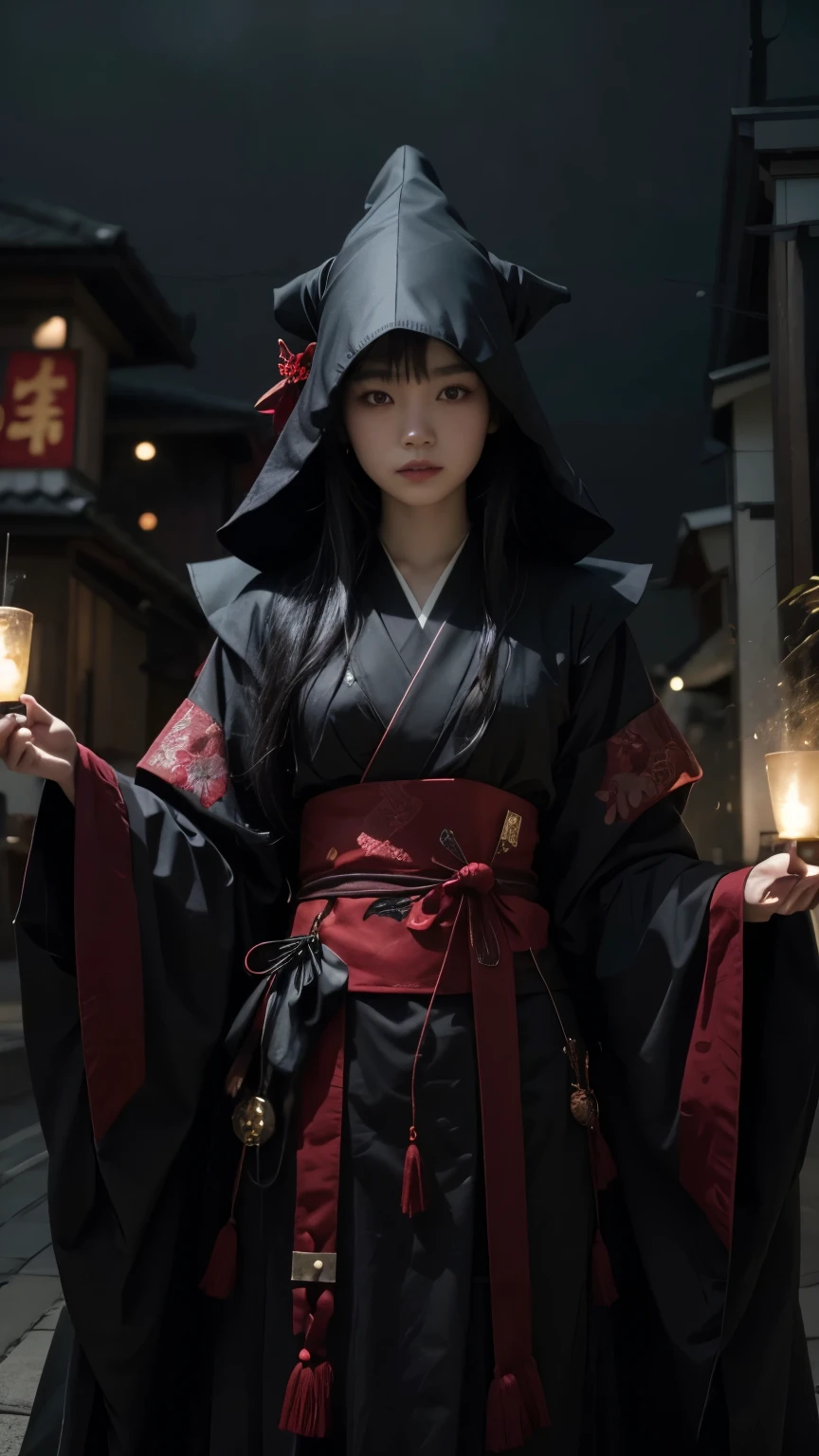 A young Japanese witch wearing a pointy witch hat and sporting a black and red gothic dress mixed with a kimono.realisitic, hyper realistic.