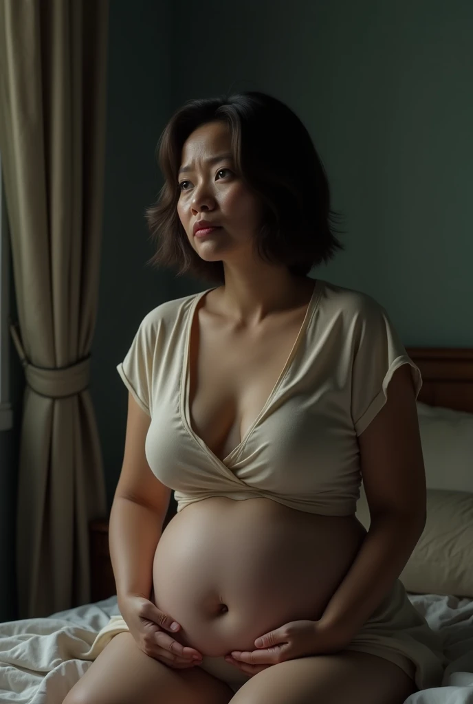 A thai mother women, -ultra realistic, small thin shirt,bedroom - sit, crying, perfect body , standing, 45years old, soft post, chubby