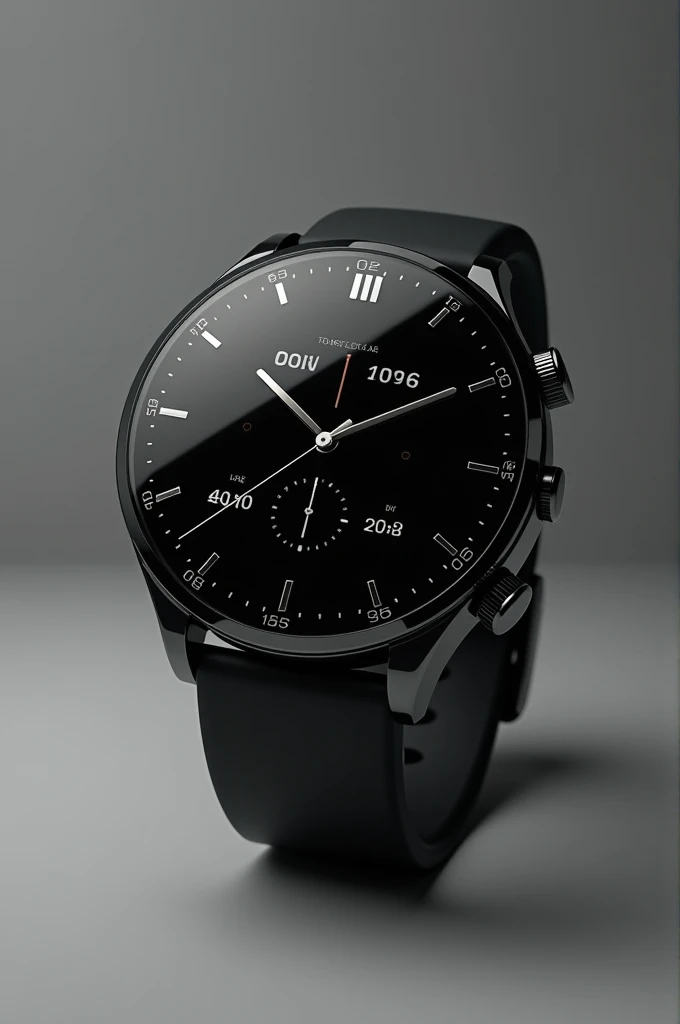 Create a smartwatch style wristwatch image. The clock allows you to travel through time. On the clock display, at the top, is the current date and at the bottom, the date on which the traveler will travel.. The watch is black in color.