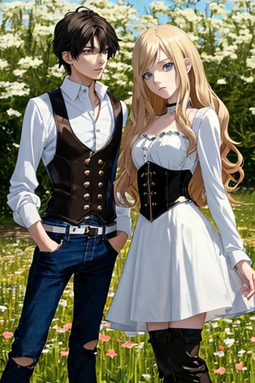 Anime style scene with a 21-year-old female character with a mature face, arching her back, and an adolescent boy standing behind her, looking at her. The woman has long, waist-length, wavy blond hair, V bangs, and blue eyes, wearing a white blouse with a chocolate-colored corset over it, skinny tight blue jeans, and high boots. The boy has short dark hair, a slim build, and is wearing casual clothes. They are in a vibrant spring field at midday, with the boy's gaze focused on the woman, creating a dynamic and intriguing atmosphere.