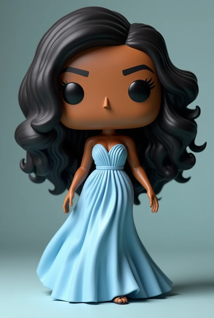 Create a funko pop with these features:warm skin ,wavy hair to the waist black,in a light blue runway dress with the funko box saying Kat Liz,very detailed with afropathy makeup