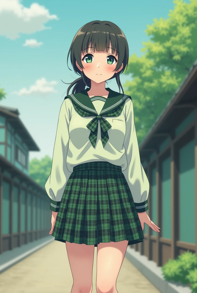 Real girl in the school yard of ancient Japan, Shirt with a sailor collar in pastel green and black checks and a pastel green and black check bow tie ,pastel green and black skirt, High socks,18 years, hits, a few little smiles, thighs, knees, low ponytail with a small ribbon bow, from below
