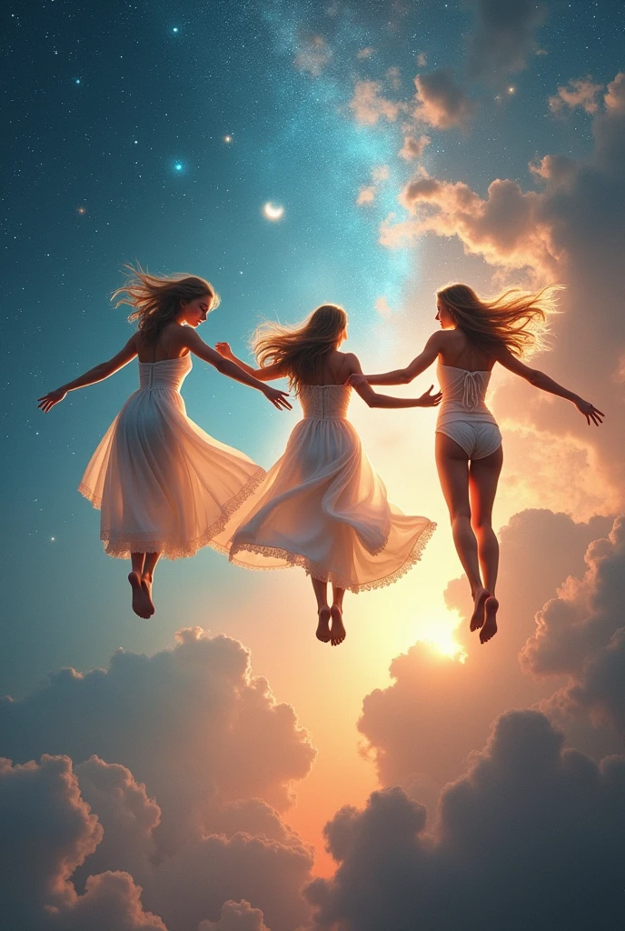"A celestial landscape featuring three lovely, beautiful women floating gracefully. The scene is dreamy and serene, with light trails and star effects creating a heavenly atmosphere. The women seem weightless, their movements fluid and serene.
