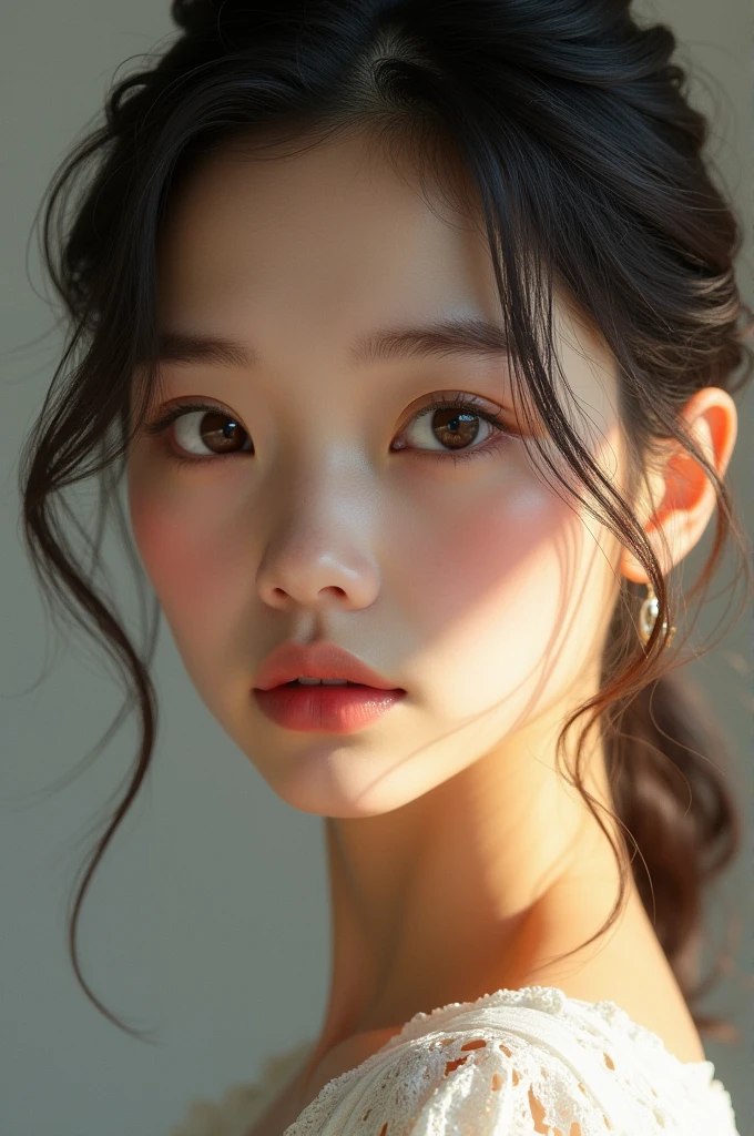 30-year-old female、The eyes are large and brown、White skin、Asian、The nose is small and sharp、Arched eyebrows、The outline is oval and slightly elongated.