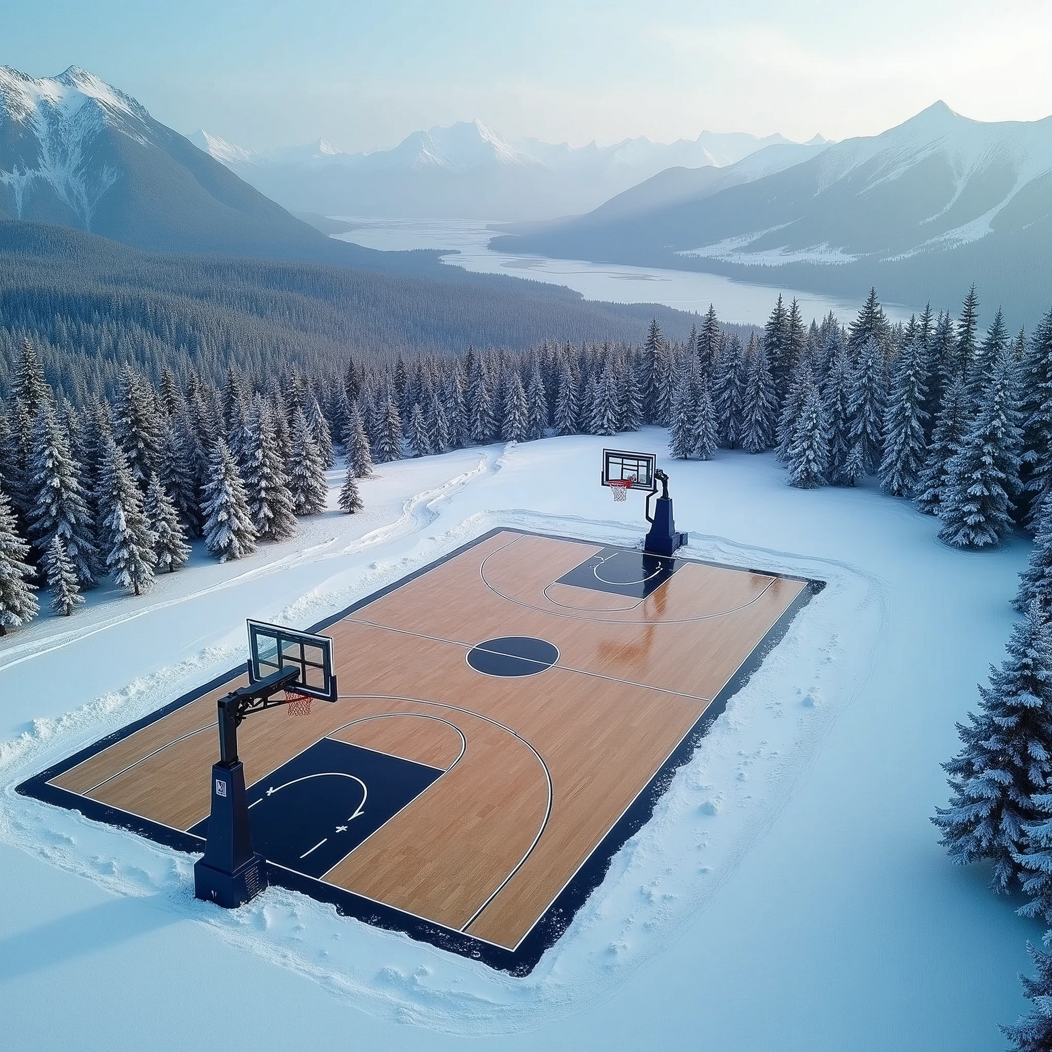 A basketball court at the North Pole with icy mountains in the background and trees all around. An NBA-style court with an official competition-size hardwood floor in the middle of a freezing region., the court appears to be unaffected by the freezing weather around it and as if it were well maintained, High definition image, imagem top down.