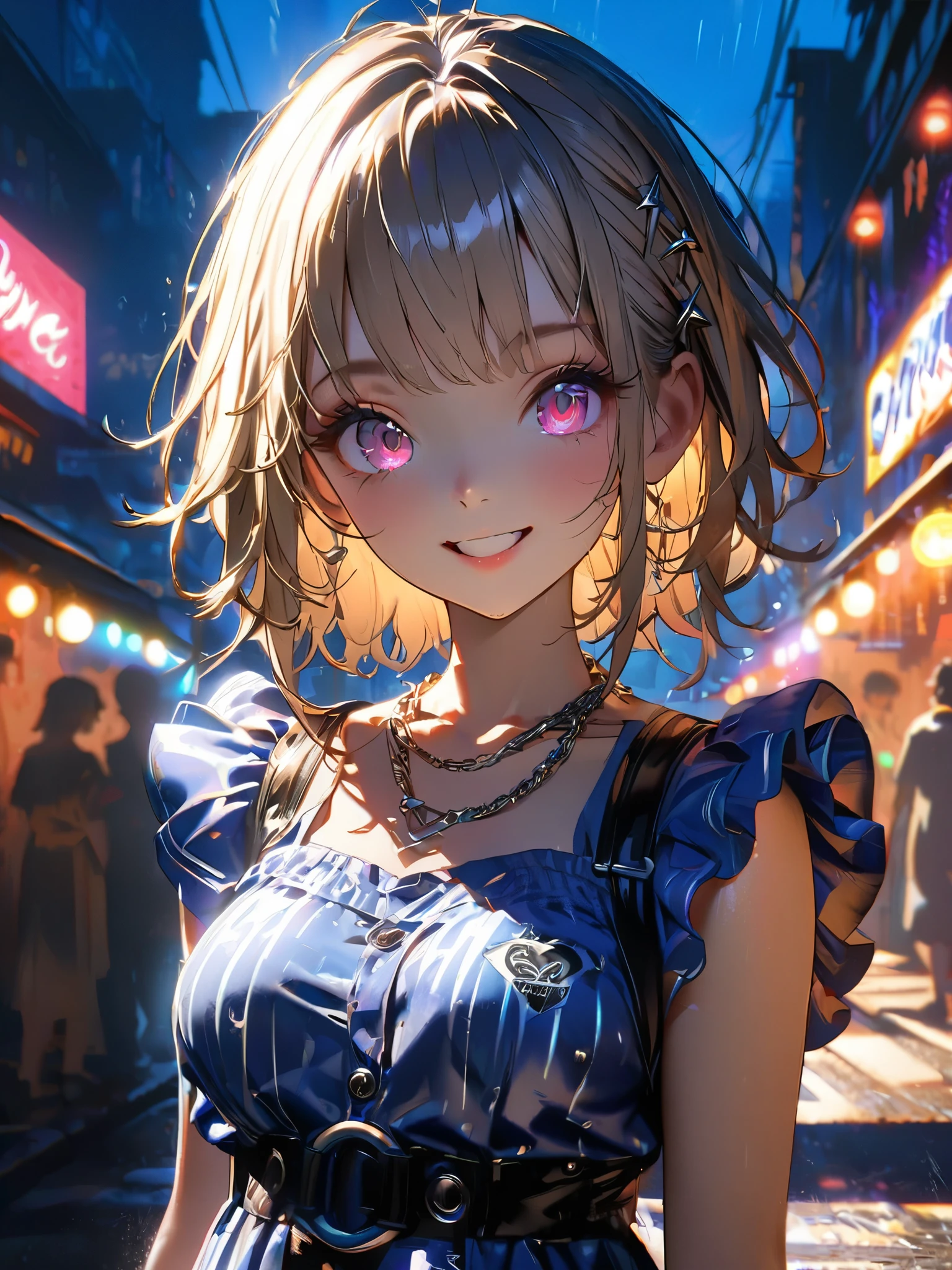 1 girl, chromatic aberration, Written boundary depth, Soft Light, masterpiece, Highest quality, complicated, Tone Mapping, A place where fireworks are set off at festivals. Concept Art, Smooth, Clear focus, Dramatic lighting, Very cinematic, super practical painting, アートステーション's trending, 8k, Incredible Shadows, practical, whole body, View, Viewers, Portrait of a Girl 1, standing on street corner, Heavy rain and lightning、Dark Sky, neon and cyber punk background, she is dressed in punk clothing with silver chains and silver spikes, Her hair was dyed light brown................Ominous aura of light, smile, punk, ciber punk, Backlight.Fashionable clothes、Friendly dress code: Wearing a cute blue dress.My breasts are a little big