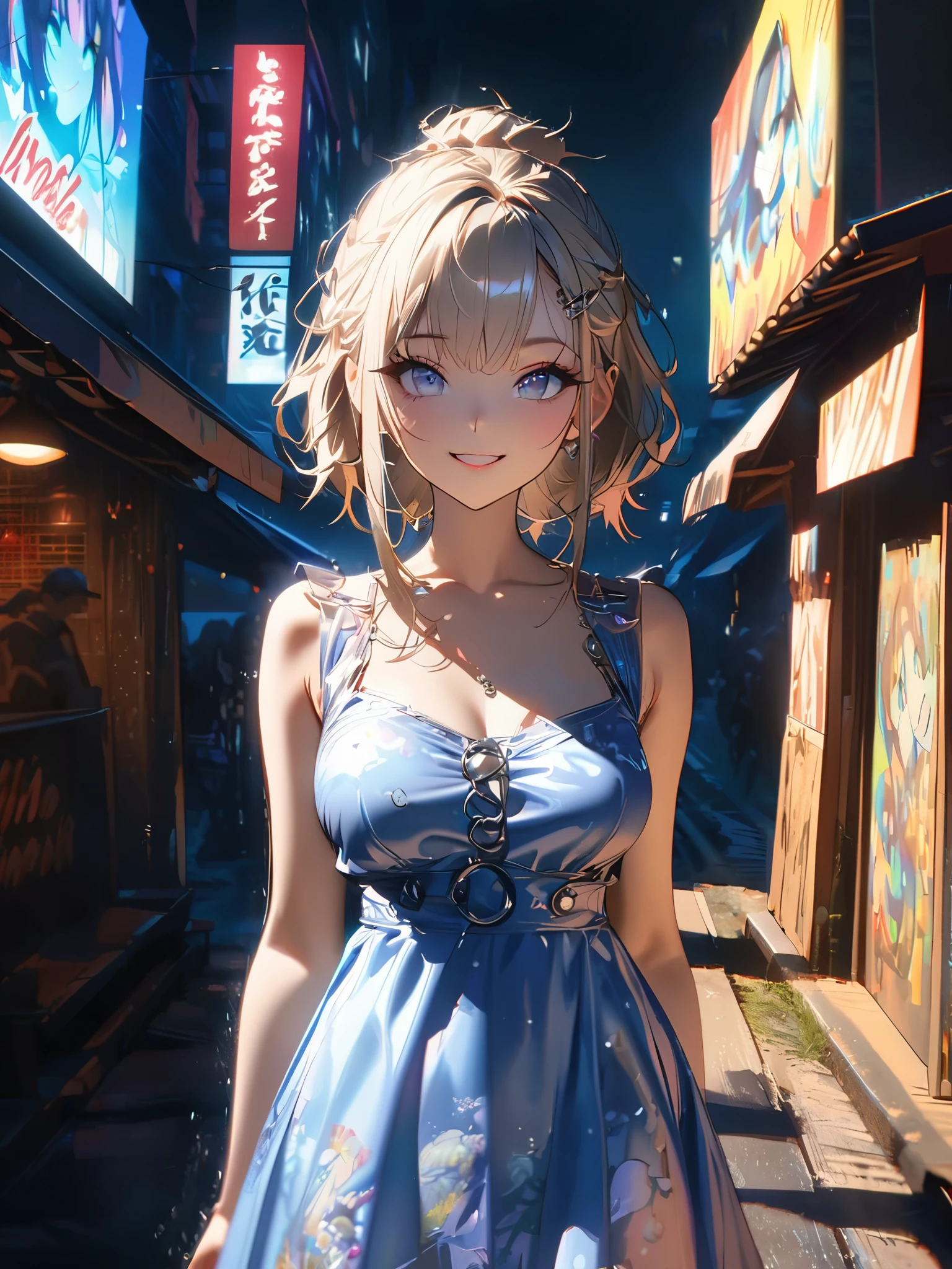 1 girl, chromatic aberration, Written boundary depth, Soft Light, masterpiece, Highest quality, complicated, Tone Mapping, A place where fireworks are set off at festivals. Concept Art, Smooth, Clear focus, Dramatic lighting, Very cinematic, super practical painting, アートステーション's trending, 8k, Incredible Shadows, practical, whole body, View, Viewers, Portrait of a Girl 1, standing on street corner, Heavy rain and lightning、Dark Sky, neon and cyber punk background, she is dressed in punk clothing with silver chains and silver spikes, Her hair was dyed light brown................Ominous aura of light, smile, punk, ciber punk, Backlight.Fashionable clothes、Friendly dress code: Wearing a cute blue dress.My breasts are a little big