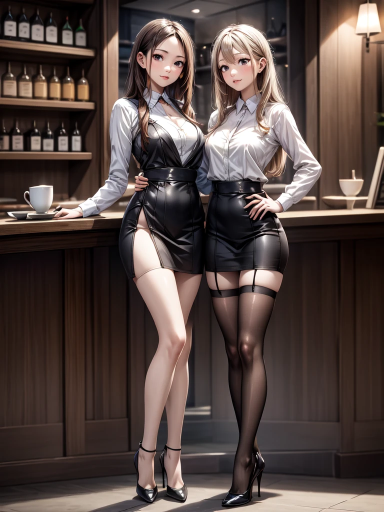 A stunning 20 year old brunette American girl standing in a dimly-lit cigar lounge at sunset, ((naked with thigh high stockings)), perfect legs, shy, embarrassed, ((face blushing)), ((choker)), (worried)