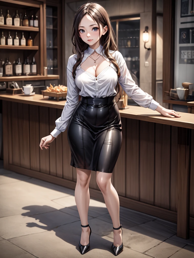 (masterpiece, best quality, highest quality, Masterpiece, 8k:1.5),((Full Body Shot,Including face)), 1girl, ((Focus on the face,Symmetrical facial features)), Beautiful woman, (slender),((High heels,Patterned stockings with straps)), Detailed depiction of the face, Cafe clerk , bar counter, profile, Long skirt, slenderな女性, Medium Long, Vertical Roll,