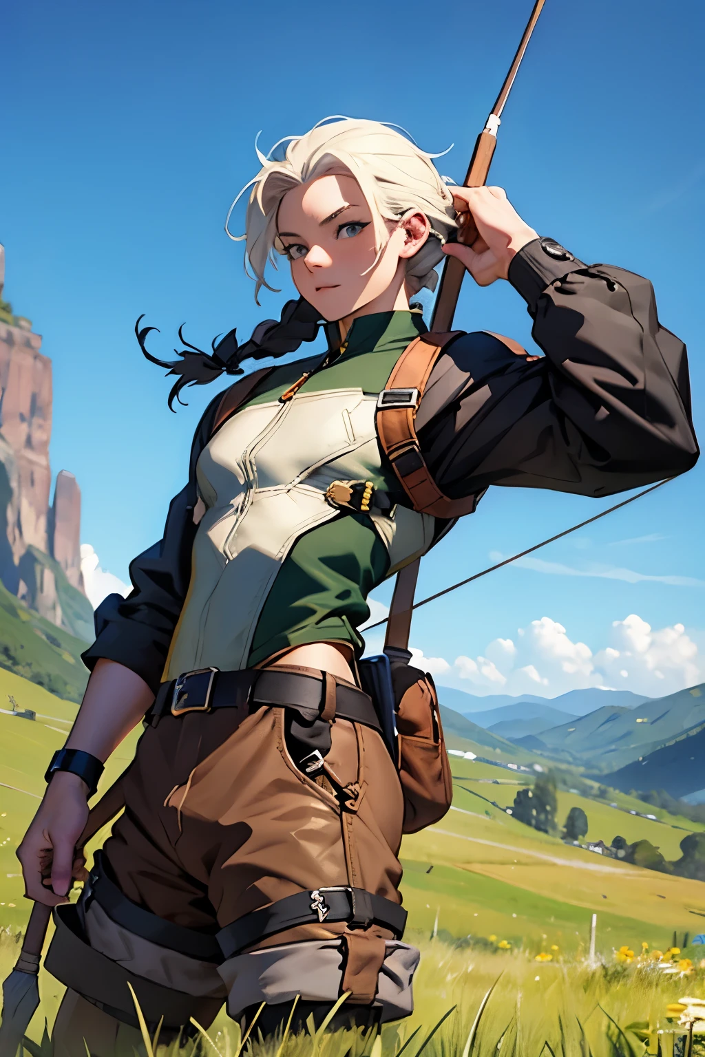 Legendary archer, in hero's pose, bow in hand, looking at the horizon, stylized hunting uniform, on top of a hill observing a valley in the distance.
