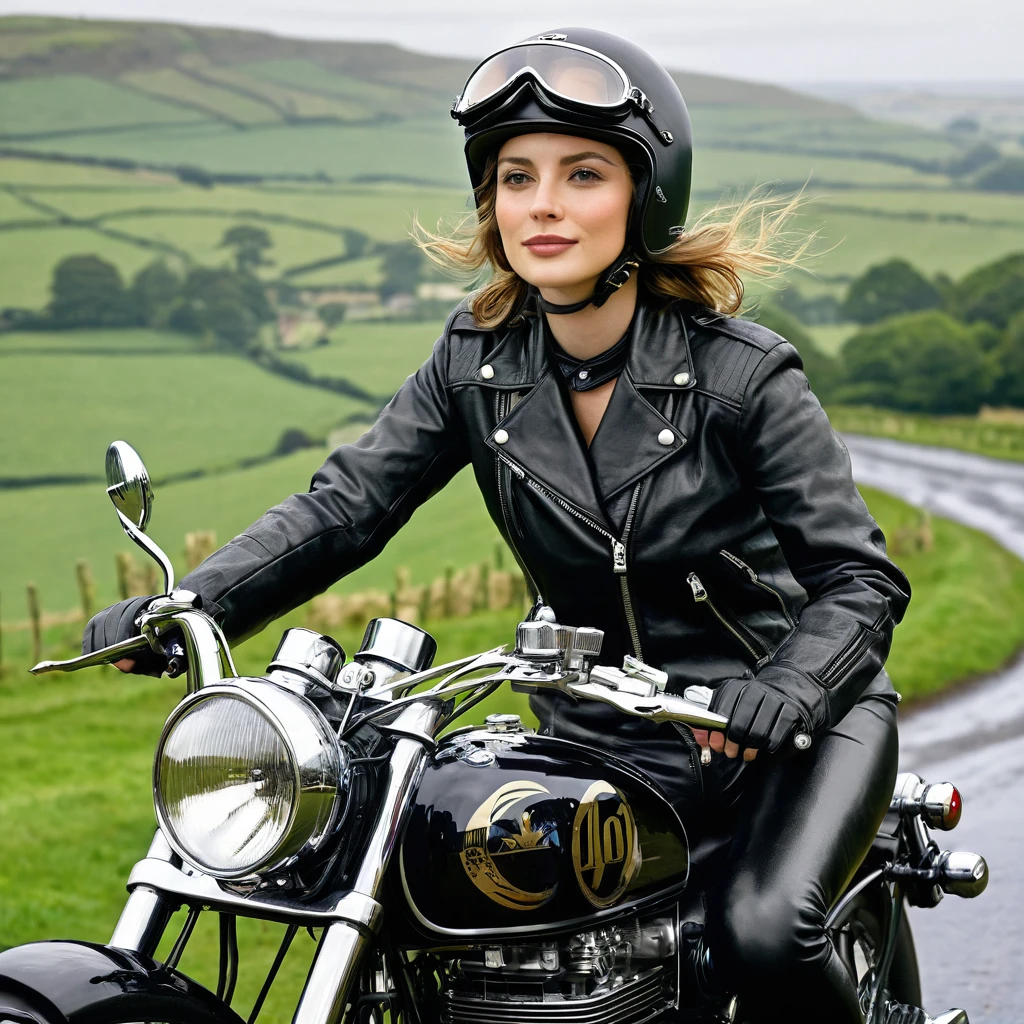 Bluff Superior SS100、(Ride a classic motorcycle )、(Vintage Bikes、Bluff Superior SS100)、Isle of Man Races、(Souvenir photo of beautiful female rider)、(Black Leather Jacket)、Cromwell helmet with goggles、After the Rain、English countryside、 Detailed Description、(Highest quality, masterpiece, High resolution)、8k、wallpaper
