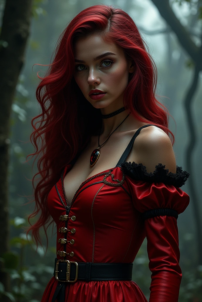 a girl from the waist up with dark skin with long wavy cherry-colored hair wearing a red outfit with black and gold details looking straight ahead with a dark enchanted forest background
