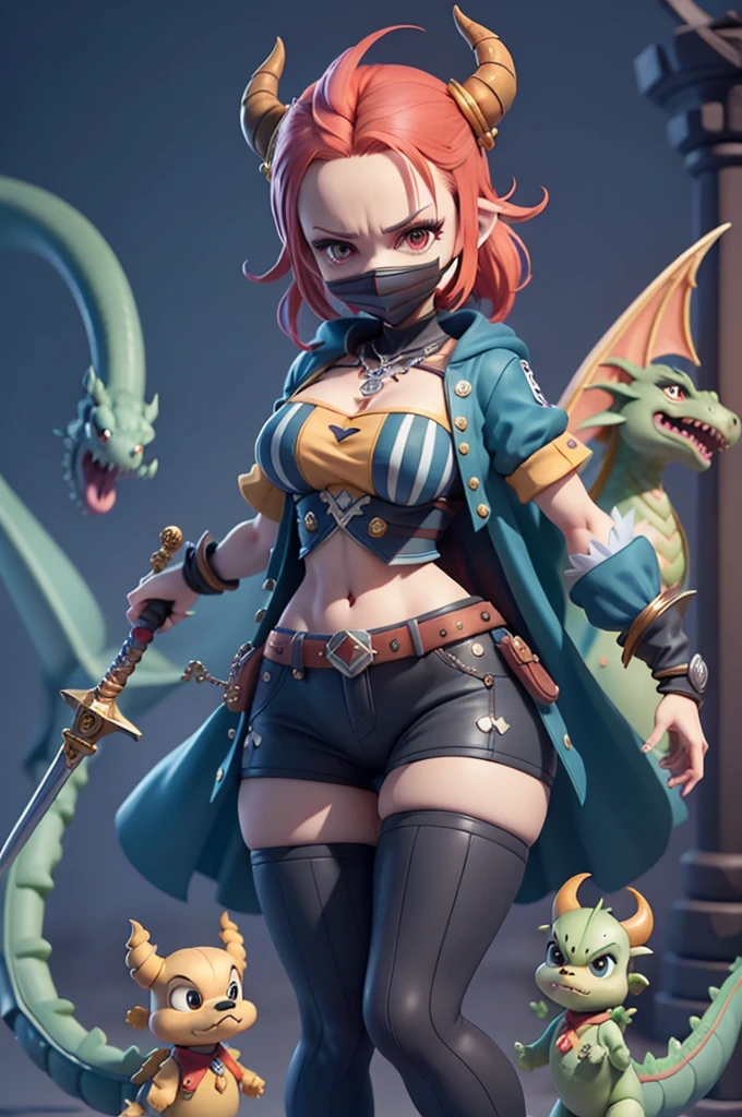 character inspired by mario bros,rayman legends, mic, long-sleeved blouse with black and white stripes, blouse with stripes, different colors, Small shorts or legging pants, small waist, corpo mic, blouse with stripes, CG, striped shirt, striped sock, based on ((kingdom hearts)), (kingdom hearts), without a hat, colourful hair, takes bowser, ((striped shirt)), subsurface alta, hight subsurface, occlusion environment, big sword in hand, greatsword, carrying sword, segurando greatsword, skin natural, ((large video game decorations)), Sword and shield, ((castlevania)), dark animals in the background, dark dolls in the scene, monsters in the scene, Panning, (very big tits), dark theme, mask covering the mouth, monsters in the background, character in the center of the scene, diffuse color blue, dark blue color, detailed, sensual ao extremo, full body, creatures in around, ((demons and dragons)),((demons and dragons)),((só de calcinha)),((lingeriee))
