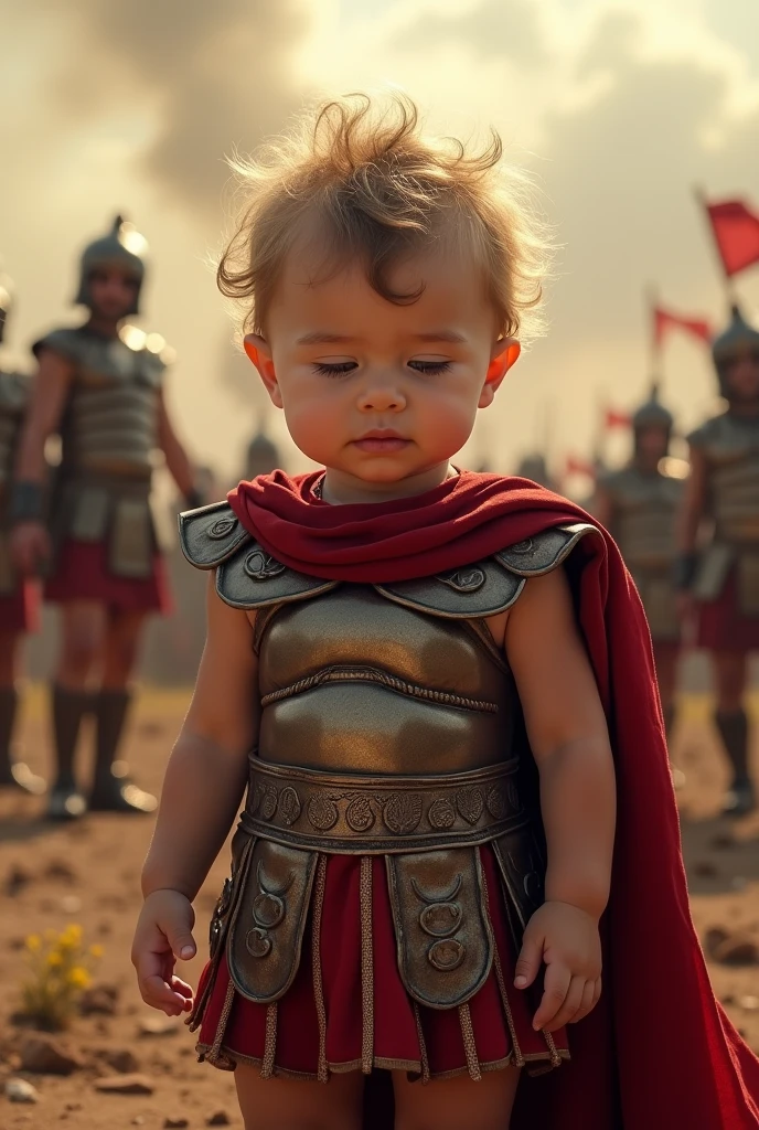 high resolution、Superior image quality、Top-notch image quality、Maximum quality、in 8K、real live action、realisitic、Raw photo、Masterpiece artwork、tabletop、professional lighting、realisitic background、((2 ))、standing、、cute (roman gladiator costume))、、, a baby one with baby hair、((clg the eye)), ((work of art), (best qualityer), (CRU photo), (fotorrealisitic:1.4), Foto altamente realisitic, Portrait of an Australian, 1 year old, baby hai eyes, veso uma roman gladiator costume, detailed clothing, The light from above shines down, (Battlefield Background), photo taken in 1975 by Fujifilm XT3