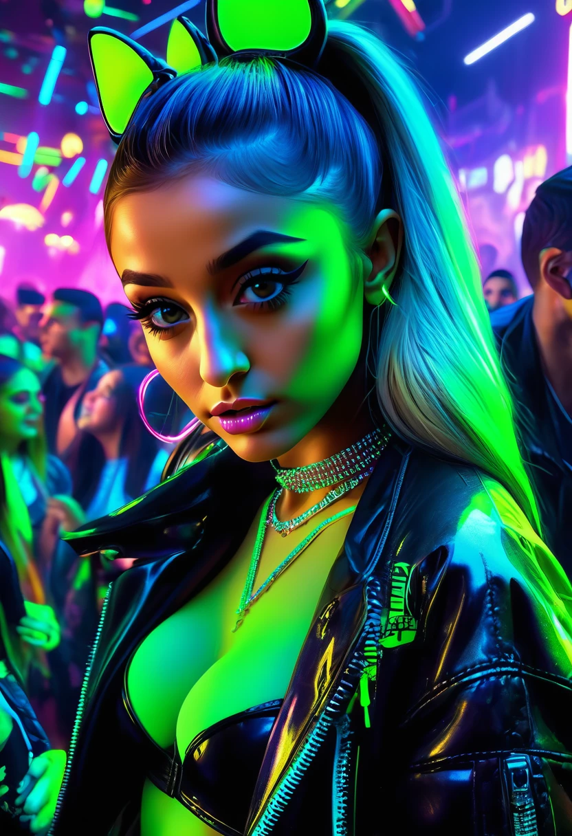 ariana grande, beautiful detailed eyes, beautiful detailed lips, extremely detailed eyes and face, long eyelashes, neon green rave outfit, Carrying green glow stick wands and wearing glowing jewelry, taking off an ankle length black leather jacket, inside a crowded neon lit rave club, friendly and flirtatious expression, photorealistic, 8k, (best quality,4k,8k,highres,masterpiece:1.2),ultra-detailed,(realistic,photorealistic,photo-realistic:1.37),HDR,UHD,studio lighting,ultra-fine painting,sharp focus,physically-based rendering,extreme detail description,professional,vivid colors,bokeh (Attention: Show her from head to toe, full body shown, show all of her)
