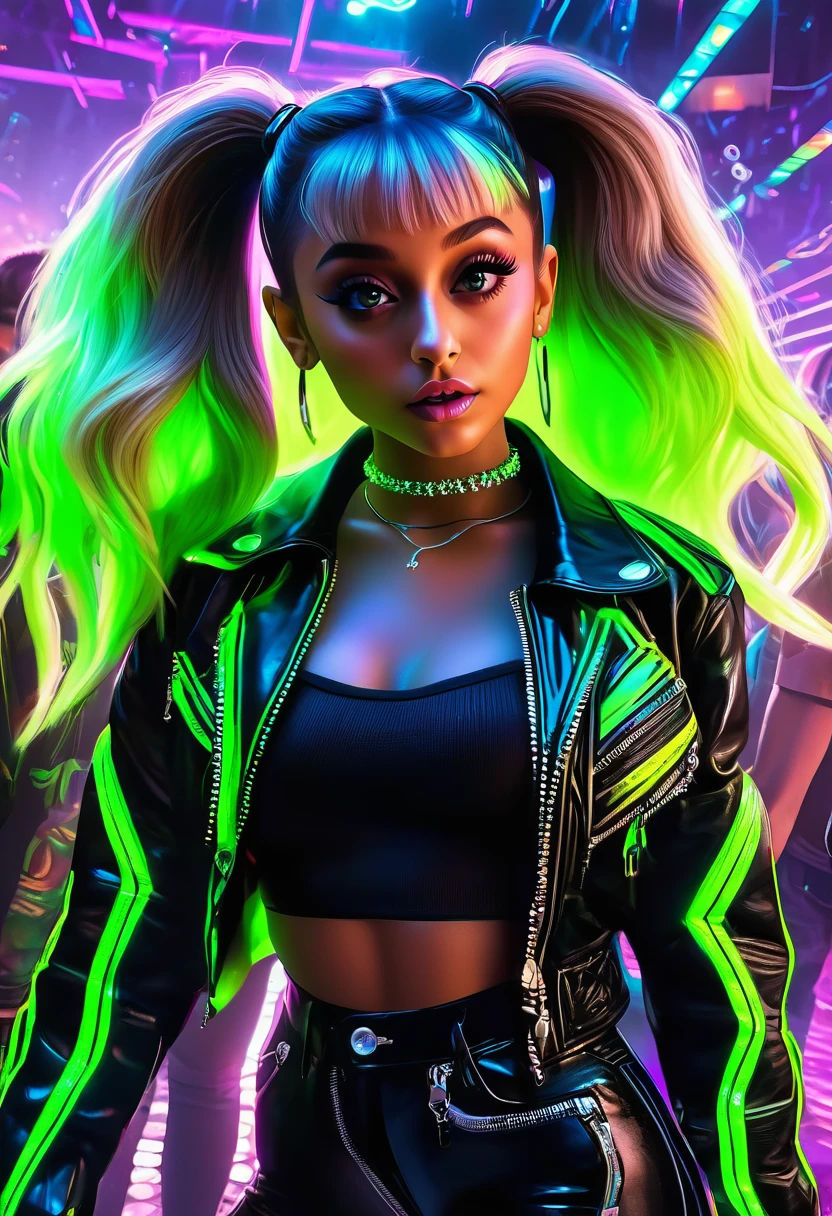 ariana grande, beautiful detailed eyes, beautiful detailed lips, extremely detailed eyes and face, long eyelashes, neon green rave outfit, Carrying green glow stick wands and wearing glowing jewelry, taking off an ankle length black leather jacket, inside a crowded neon lit rave club, friendly and flirtatious expression, photorealistic, 8k, (best quality,4k,8k,highres,masterpiece:1.2),ultra-detailed,(realistic,photorealistic,photo-realistic:1.37),HDR,UHD,studio lighting,ultra-fine painting,sharp focus,physically-based rendering,extreme detail description,professional,vivid colors,bokeh (Attention: Show her from head to toe, full body shown, show all of her)